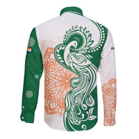 India Christmas Long Sleeve Button Shirt with Peacock Mandala Pattern and Tricolor Design - Wonder Print Shop