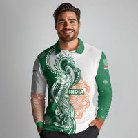India Christmas Long Sleeve Polo Shirt with Peacock Mandala Pattern and Tricolor Design - Wonder Print Shop