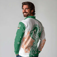 India Christmas Long Sleeve Polo Shirt with Peacock Mandala Pattern and Tricolor Design - Wonder Print Shop