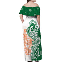 India Christmas Off Shoulder Maxi Dress with Peacock Mandala Pattern and Tricolor Design - Wonder Print Shop