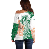 India Christmas Off Shoulder Sweater with Peacock Mandala Pattern and Tricolor Design - Wonder Print Shop