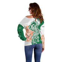 India Christmas Off Shoulder Sweater with Peacock Mandala Pattern and Tricolor Design - Wonder Print Shop