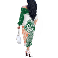 India Christmas Off The Shoulder Long Sleeve Dress with Peacock Mandala Pattern and Tricolor Design - Wonder Print Shop