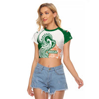 India Christmas Raglan Cropped T Shirt with Peacock Mandala Pattern and Tricolor Design - Wonder Print Shop