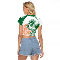 India Christmas Raglan Cropped T Shirt with Peacock Mandala Pattern and Tricolor Design - Wonder Print Shop