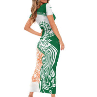 India Christmas Short Sleeve Bodycon Dress with Peacock Mandala Pattern and Tricolor Design - Wonder Print Shop