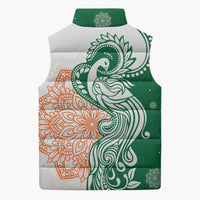 India Christmas Sleeveless Puffer Jacket with Peacock Mandala Pattern and Tricolor Design - Wonder Print Shop