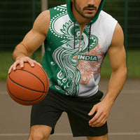 India Christmas Sleeveless Zip Hoodie with Peacock Mandala Pattern and Tricolor Design - Wonder Print Shop