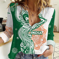 India Christmas Women Casual Shirt with Peacock Mandala Pattern and Tricolor Design - Wonder Print Shop