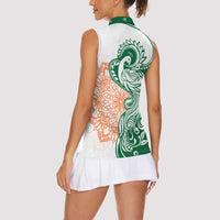 India Christmas Women Sleeveless Polo Shirt with Peacock Mandala Pattern and Tricolor Design - Wonder Print Shop
