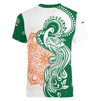 India Christmas Women V-Neck T-Shirt with Peacock Mandala Pattern and Tricolor Design - Wonder Print Shop