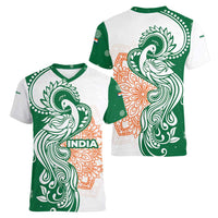 India Christmas Women V-Neck T-Shirt with Peacock Mandala Pattern and Tricolor Design - Wonder Print Shop
