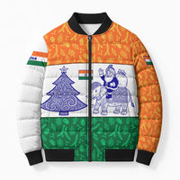 India Christmas Bomber Puffer Jacket with Elephant Santa Tree Design and Tricolor Holiday Pattern - Wonder Print Shop