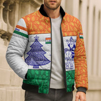 India Christmas Bomber Puffer Jacket with Elephant Santa Tree Design and Tricolor Holiday Pattern - Wonder Print Shop