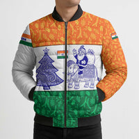 India Christmas Bomber Puffer Jacket with Elephant Santa Tree Design and Tricolor Holiday Pattern - Wonder Print Shop