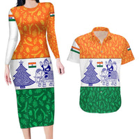 India Christmas Couples Matching Long Sleeve Bodycon Dress and Hawaiian Shirt with Elephant Santa Tree Design and Tricolor Holiday Pattern - Wonder Print Shop