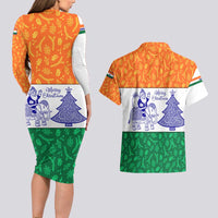India Christmas Couples Matching Long Sleeve Bodycon Dress and Hawaiian Shirt with Elephant Santa Tree Design and Tricolor Holiday Pattern - Wonder Print Shop