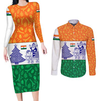 India Christmas Couples Matching Long Sleeve Bodycon Dress and Long Sleeve Button Shirt with Elephant Santa Tree Design and Tricolor Holiday Pattern - Wonder Print Shop
