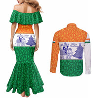 India Christmas Couples Matching Mermaid Dress and Long Sleeve Button Shirt with Elephant Santa Tree Design and Tricolor Holiday Pattern - Wonder Print Shop