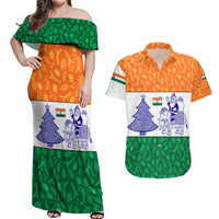 India Christmas Couples Matching Off Shoulder Maxi Dress and Hawaiian Shirt with Elephant Santa Tree Design and Tricolor Holiday Pattern - Wonder Print Shop