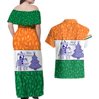 India Christmas Couples Matching Off Shoulder Maxi Dress and Hawaiian Shirt with Elephant Santa Tree Design and Tricolor Holiday Pattern - Wonder Print Shop