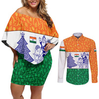 India Christmas Couples Matching Off Shoulder Short Dress and Long Sleeve Button Shirt with Elephant Santa Tree Design and Tricolor Holiday Pattern - Wonder Print Shop