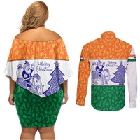 India Christmas Couples Matching Off Shoulder Short Dress and Long Sleeve Button Shirt with Elephant Santa Tree Design and Tricolor Holiday Pattern - Wonder Print Shop