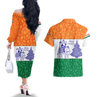India Christmas Couples Matching Off The Shoulder Long Sleeve Dress and Hawaiian Shirt with Elephant Santa Tree Design and Tricolor Holiday Pattern - Wonder Print Shop