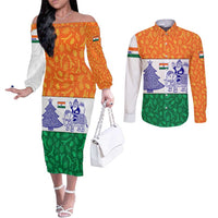 India Christmas Couples Matching Off The Shoulder Long Sleeve Dress and Long Sleeve Button Shirt with Elephant Santa Tree Design and Tricolor Holiday Pattern - Wonder Print Shop