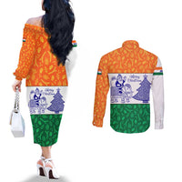 India Christmas Couples Matching Off The Shoulder Long Sleeve Dress and Long Sleeve Button Shirt with Elephant Santa Tree Design and Tricolor Holiday Pattern - Wonder Print Shop