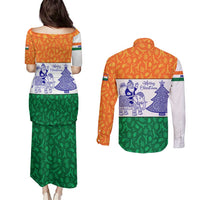 India Christmas Couples Matching Puletasi and Long Sleeve Button Shirt with Elephant Santa Tree Design and Tricolor Holiday Pattern - Wonder Print Shop