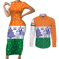India Christmas Couples Matching Short Sleeve Bodycon Dress and Long Sleeve Button Shirt with Elephant Santa Tree Design and Tricolor Holiday Pattern - Wonder Print Shop