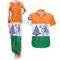 India Christmas Couples Matching Tank Maxi Dress and Hawaiian Shirt with Elephant Santa Tree Design and Tricolor Holiday Pattern - Wonder Print Shop