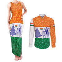 India Christmas Couples Matching Tank Maxi Dress and Long Sleeve Button Shirt with Elephant Santa Tree Design and Tricolor Holiday Pattern - Wonder Print Shop