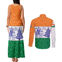 India Christmas Couples Matching Tank Maxi Dress and Long Sleeve Button Shirt with Elephant Santa Tree Design and Tricolor Holiday Pattern - Wonder Print Shop