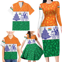India Christmas Family Matching Long Sleeve Bodycon Dress and Hawaiian Shirt with Elephant Santa Tree Design and Tricolor Holiday Pattern - Wonder Print Shop