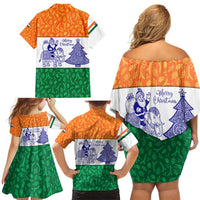 India Christmas Family Matching Off Shoulder Short Dress and Hawaiian Shirt with Elephant Santa Tree Design and Tricolor Holiday Pattern - Wonder Print Shop