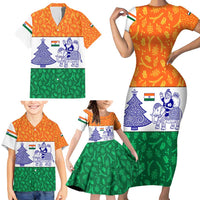 India Christmas Family Matching Short Sleeve Bodycon Dress and Hawaiian Shirt with Elephant Santa Tree Design and Tricolor Holiday Pattern - Wonder Print Shop