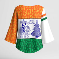 India Christmas Kimono Sleeve Blouse with Elephant Santa Tree Design and Tricolor Holiday Pattern - Wonder Print Shop