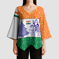 India Christmas Kimono Sleeve Blouse with Elephant Santa Tree Design and Tricolor Holiday Pattern - Wonder Print Shop