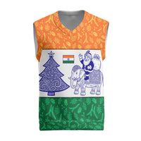 India Christmas Knitted V-Neck Vest with Elephant Santa Tree Design and Tricolor Holiday Pattern - Wonder Print Shop
