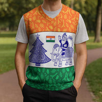 India Christmas Knitted V-Neck Vest with Elephant Santa Tree Design and Tricolor Holiday Pattern - Wonder Print Shop
