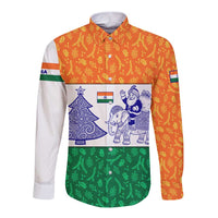 India Christmas Long Sleeve Button Shirt with Elephant Santa Tree Design and Tricolor Holiday Pattern - Wonder Print Shop