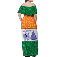 India Christmas Off Shoulder Maxi Dress with Elephant Santa Tree Design and Tricolor Holiday Pattern - Wonder Print Shop