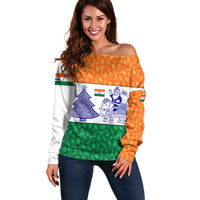 India Christmas Off Shoulder Sweater with Elephant Santa Tree Design and Tricolor Holiday Pattern - Wonder Print Shop