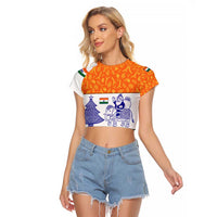 India Christmas Raglan Cropped T Shirt with Elephant Santa Tree Design and Tricolor Holiday Pattern - Wonder Print Shop