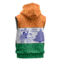 India Christmas Sleeveless Zip Hoodie with Elephant Santa Tree Design and Tricolor Holiday Pattern - Wonder Print Shop