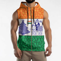 India Christmas Sleeveless Zip Hoodie with Elephant Santa Tree Design and Tricolor Holiday Pattern - Wonder Print Shop
