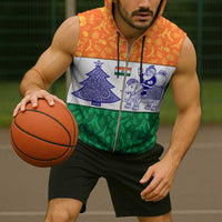 India Christmas Sleeveless Zip Hoodie with Elephant Santa Tree Design and Tricolor Holiday Pattern - Wonder Print Shop
