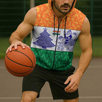 India Christmas Sleeveless Zip Hoodie with Elephant Santa Tree Design and Tricolor Holiday Pattern - Wonder Print Shop